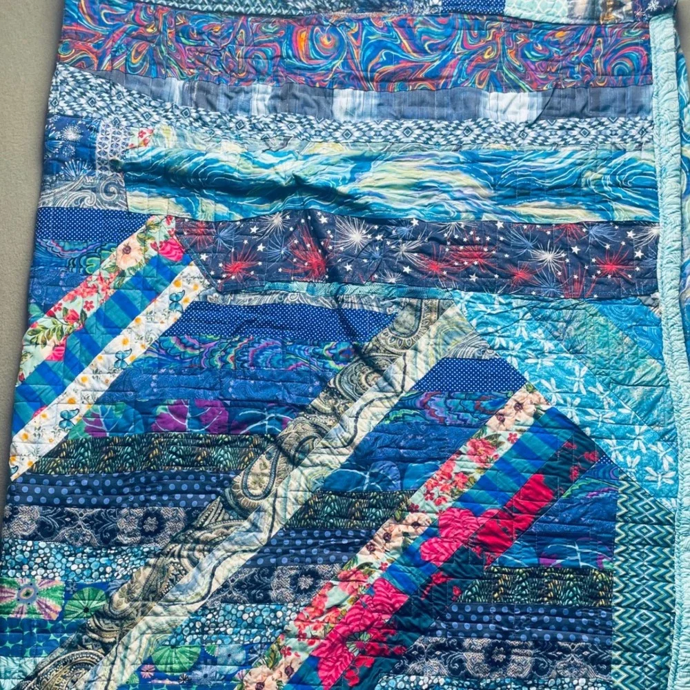 Handmade Batik Quilt Multicolor Cotton‎ 78x70 Bohemian Patchwork Jelly Roll